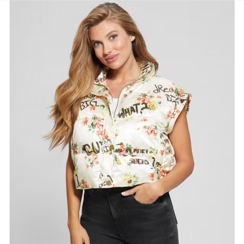 NWT GUESS x Brandalised Wilde Floral Graffiti Puffer Vest Convertible Jacket - Picture 8 of 15